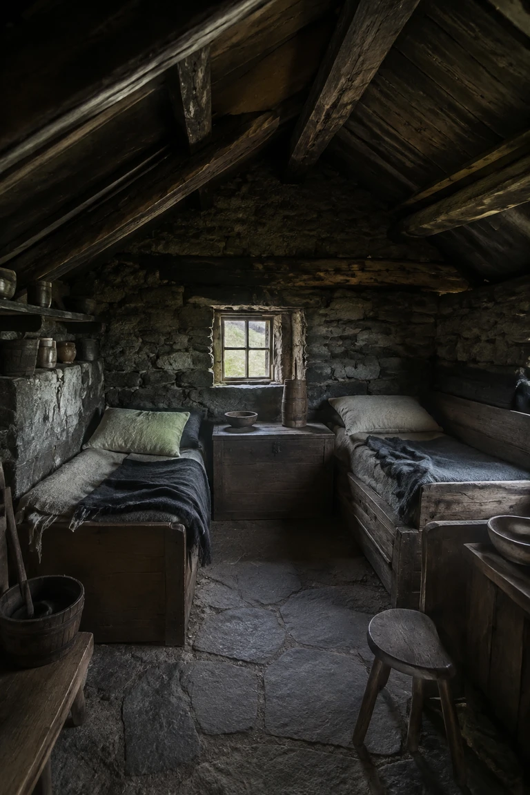 Preserved Icelandic turf farmhouse interior with a low dark timber roof, rough stone walls, built-in sleeping benches, undyed wool blankets, simple vessels, and cool light from a deep-set window.