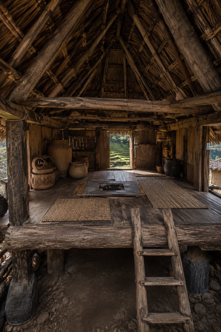 Photorealistic vertical Ifugao bale with four hardwood posts and disc rat guards, a mortise-joined raised floor box, steep pyramidal thatch, removable ladder, central hearth board, woven mats, baskets, and rice-terrace light through the low doorway.