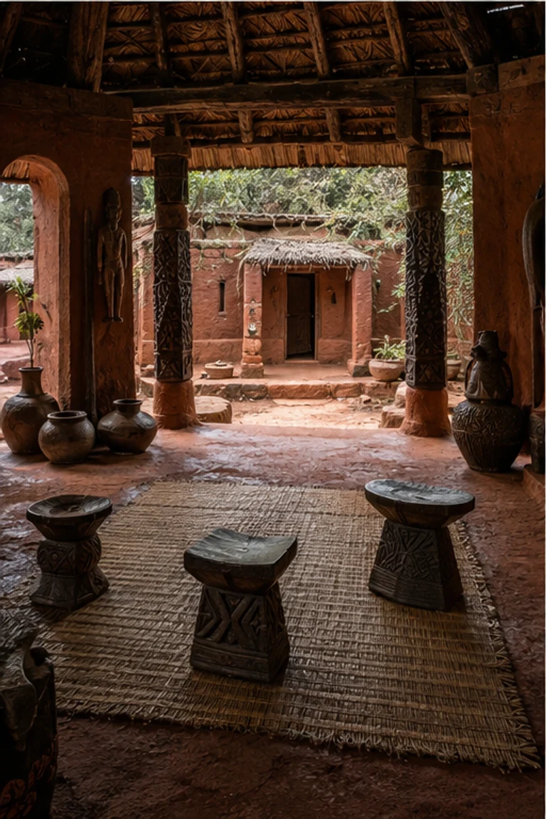 People-free photorealistic vertical Igbo obi compound with red-earth central court, columned reception hall, carved timber posts and stools, woven mats, storage jars, baskets, restrained wall markings, palm-thatch shade, and filtered forest light.