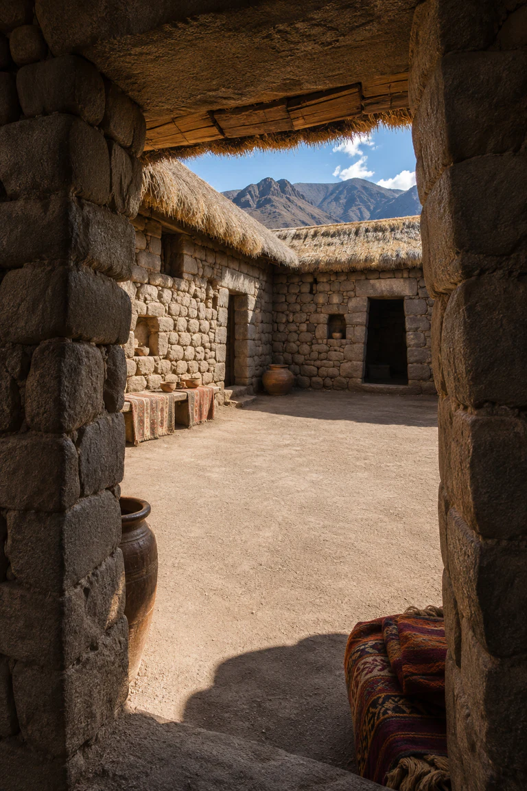 Photorealistic vertical Inca kancha in the Cusco region with a trapezoidal doorway framing a rectangular stone-walled courtyard, separate single-room buildings, fitted masonry niches, thatched roof undersides, woven textiles, ceramic jars, and crisp high-Andean sunlight.