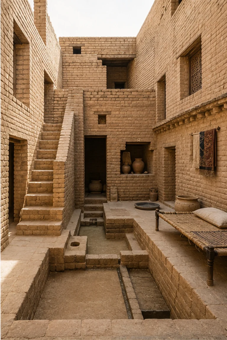 People-free photorealistic vertical reconstructed Indus courtyard house with standardized baked-brick walls, controlled street entrance, compact internal court, private bathing platform and drain, stair, low beds, storage jars, woven mats, beads, and dry daylight.