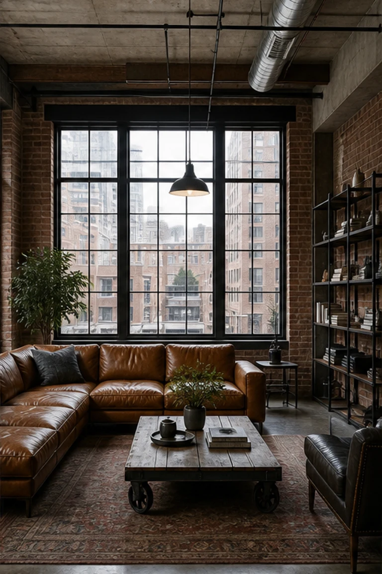 Industrial loft with exposed brick and services, dark steel, reclaimed timber, and worn leather.