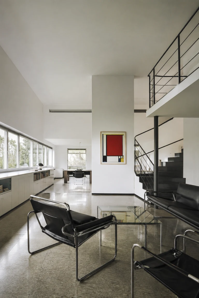 International Style living room with white planar walls, ribbon windows, chrome tubular seating, black leather, glass tables, and an open metal stair.