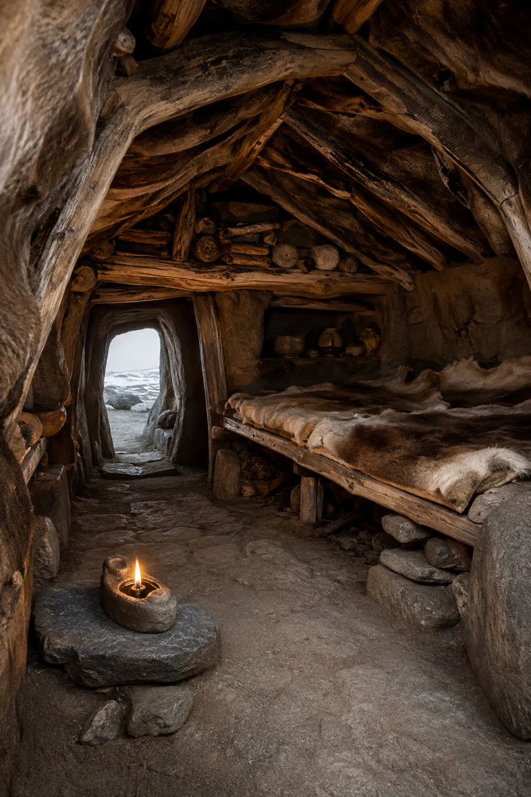 Photorealistic vertical semi-subterranean Inuit qarmaq with a driftwood and whalebone roof beneath sod, raised caribou-skin sleeping platform, soapstone qulliq, compact storage niches, and icy light entering through a tunnel-like doorway.