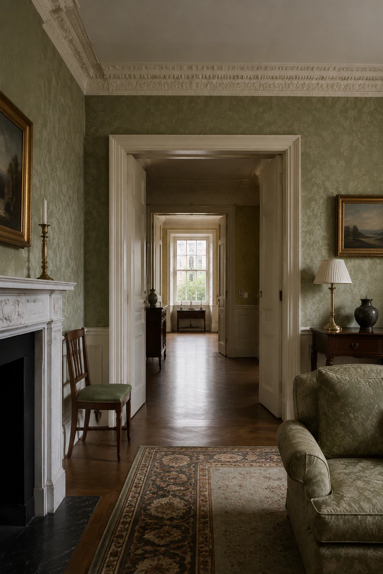 Photorealistic vertical Dublin Georgian townhouse piano nobile with a strict sash-window axis, tall plaster cornice, marble chimneypiece, mahogany furniture, restrained green damask, folding doors toward a rear room, and cool square-facing daylight.