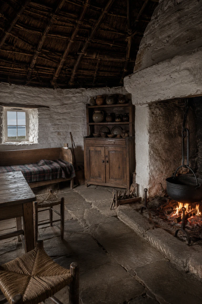 Photorealistic vertical western Irish thatched cottage with whitewashed rubble walls, deep reed-thatch ceiling, open turf fire, black iron crane, pine dresser with earthenware, settle bed, rush stools, flagged floor, and storm-grey window light.