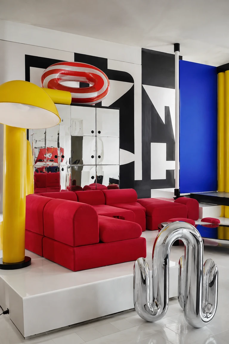 Italian Radical apartment with bright red modular foam seating, a yellow oversized lamp, cobalt partitions, mirrored laminate, chrome sculpture, and black-and-white supergraphics.
