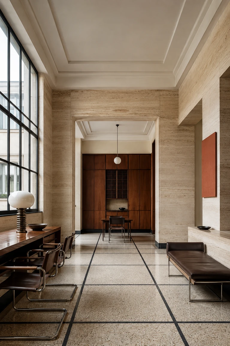 Italian Rationalist apartment with travertine planes, gridded terrazzo, walnut cabinetry, tubular steel leather chairs, and a muted terracotta panel.