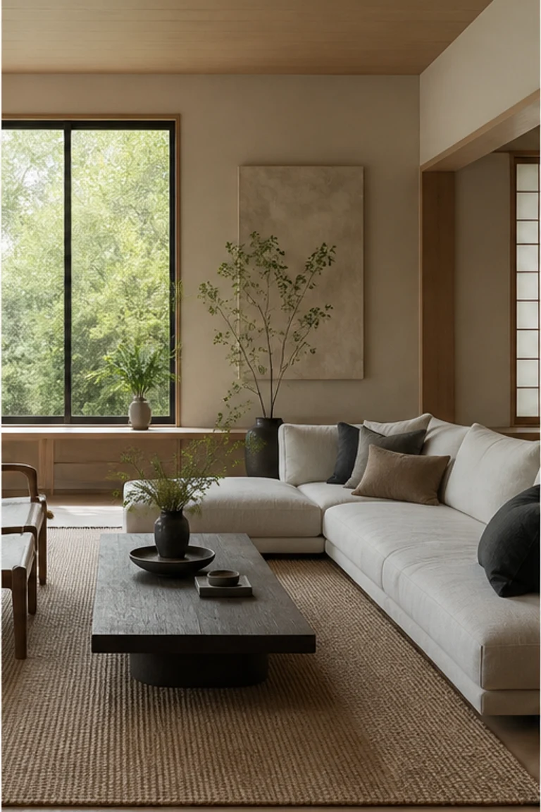 Restrained Japandi room with low timber furniture, plaster walls, and dark handcrafted accents.