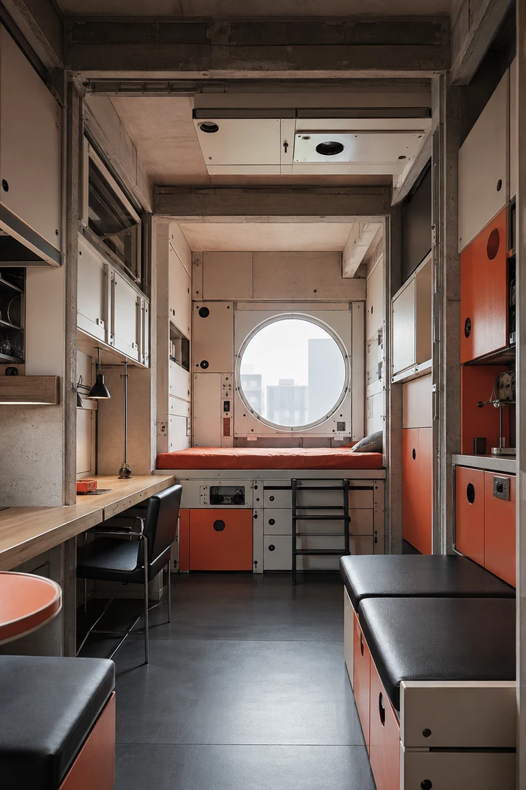 Japanese Metabolist micro-apartment with concrete frame, prefabricated orange and white storage modules, circular window, built-in desk, and compact sleeping platform.