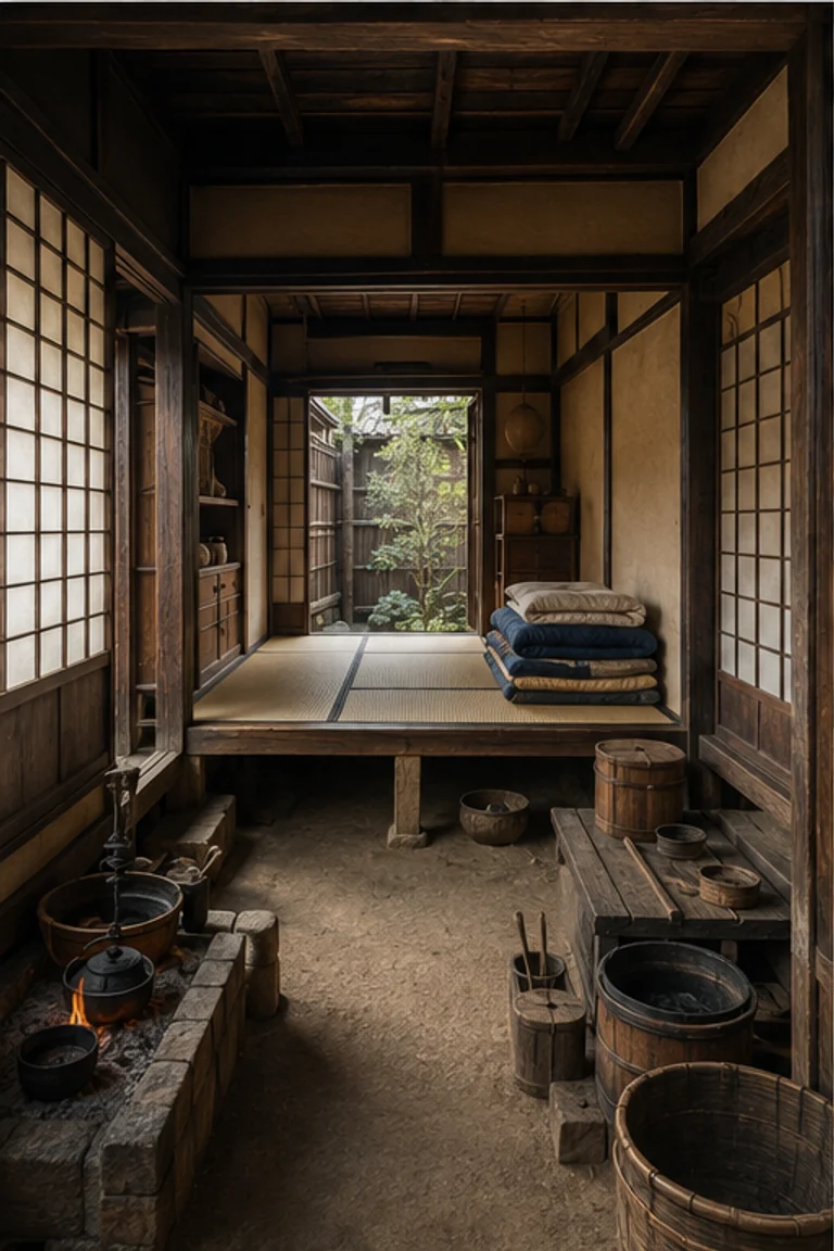 People-free photorealistic vertical Edo-period nagaya unit with narrow timber row-house frame, earth-floored kitchen entry stepping to one tatami room, paper screens, street lattice, folded bedding, low table, chests, ceramics, and soft rear-yard light.