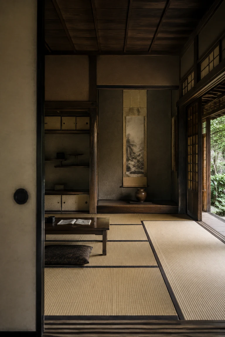 Japanese shoin room with an exact tatami grid, dark timber bays, sliding panels, a formal tokonoma with ink scroll and vessel, and filtered garden light.