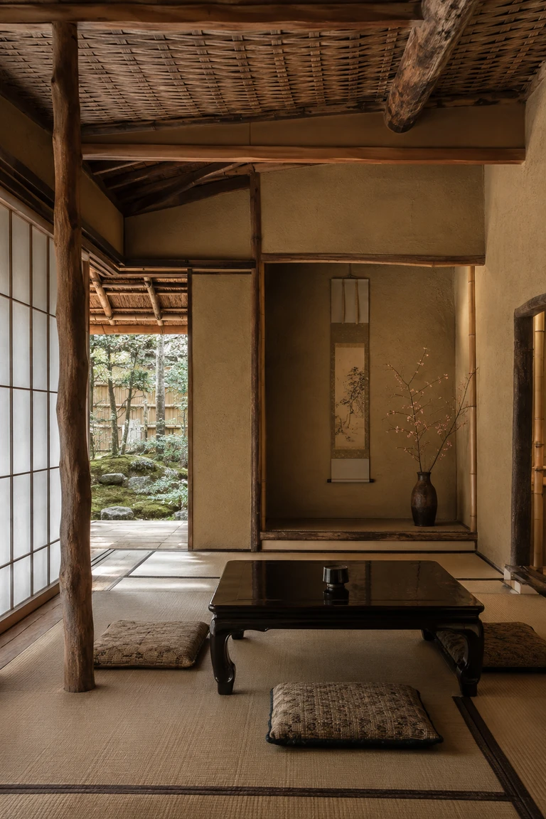 Japanese sukiya room with tatami, irregular cedar posts, clay plaster, shoji, a low lacquer table, woven cushions, restrained tokonoma, and moss garden light.