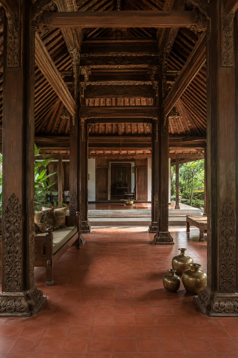 Photorealistic vertical Javanese joglo from pendopo toward dalem, with four carved saka guru columns supporting a stepped tumpang sari ceiling, terracotta floor, teak daybeds, batik cushions, brass vessels, deep eaves, and garden-filtered daylight.