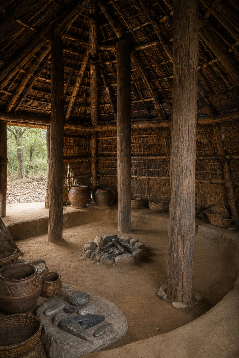 Photorealistic vertical archaeological reconstruction of a Jōmon pit dwelling with shallow sunken floor, four timber roof posts, central stone-lined hearth, reed-and-thatch envelope, cord-marked pottery, woven baskets, stone tools, and woodland daylight.