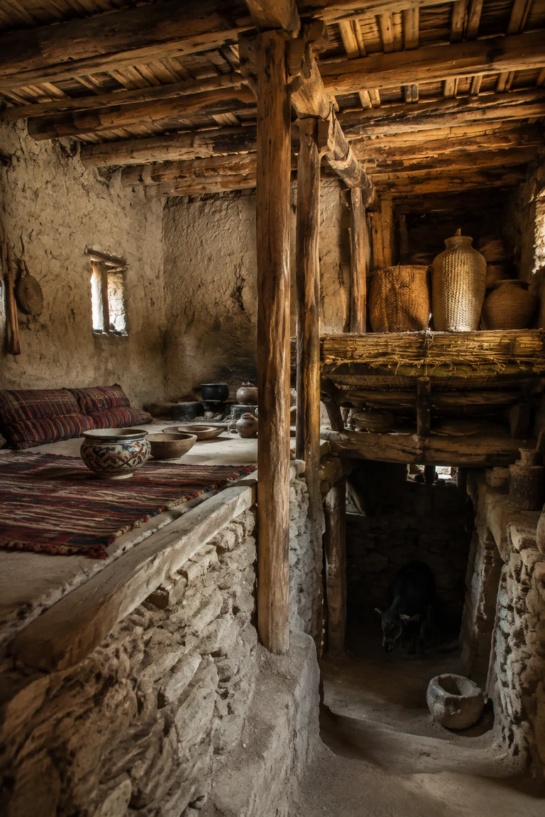 Photorealistic vertical Kabyle axxam with timber posts dividing a one-room stone house into raised family floor and lower animal bay, grain-storage platform, packed earth, hearth, painted pottery, woven blankets, olive-wood utensils, and narrow Atlas daylight.