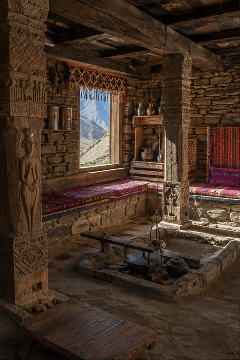 Photorealistic vertical Kalash house in Chitral with stone and heavy timber walls, carved posts, central hearth, low platforms, storage chests, baskets, vivid woven and embroidered bands, beadwork, and sharp mountain light through a small opening.