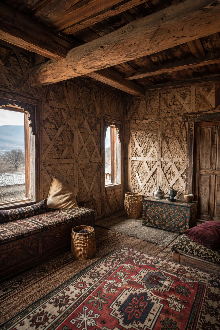 Photorealistic vertical Kashmiri domestic room revealing timber-lattice dhajji dewari infill, low carved walnut seating, wool namda rugs, papier-mâché chest, kangri baskets, deep windows, and pale mountain daylight without palace ornament.