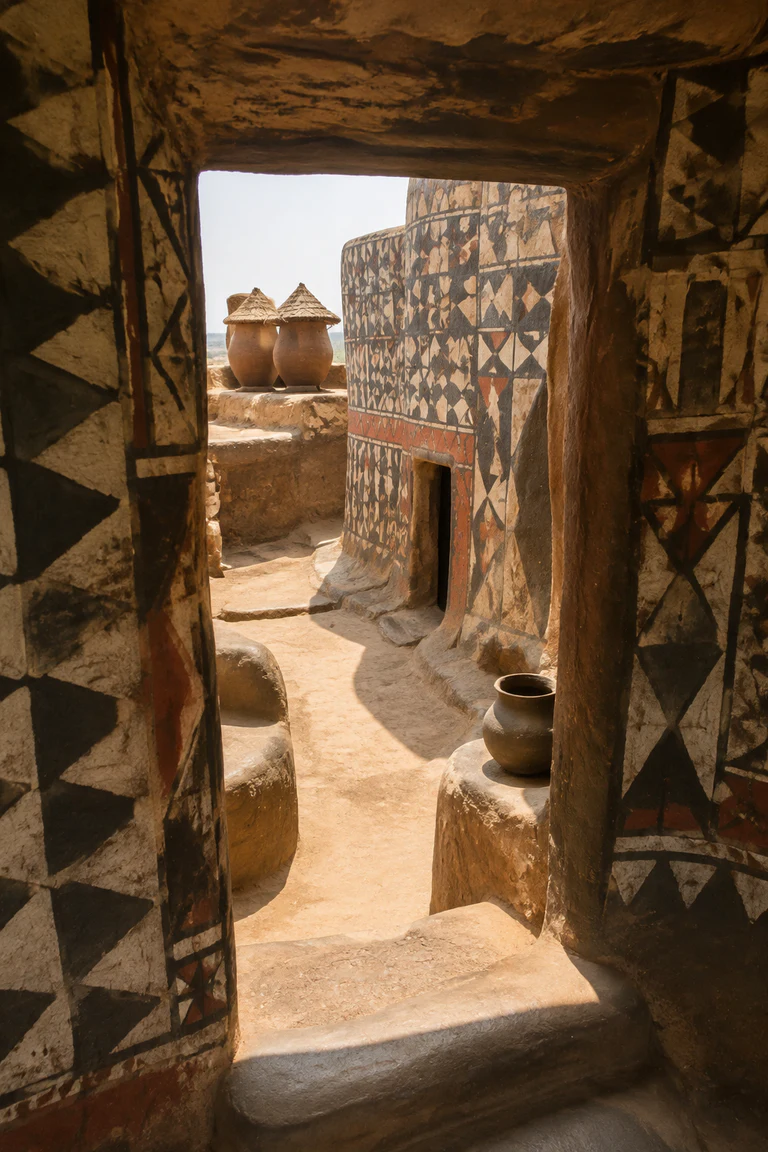 Photorealistic vertical room-to-courtyard view in a Kassena compound near Tiébélé with hand-burnished black, white, and russet geometric mural bands, a low sculpted doorway, roof-terrace edge, clay granaries, calabashes, and hard Sahel sunlight.