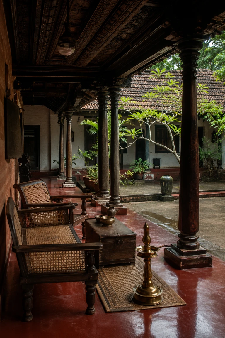 Kerala nalukettu courtyard edge with polished red oxide, carved dark timber columns and ceiling, cane chairs, brass lamp, woven mat, and rain-fed tropical planting.