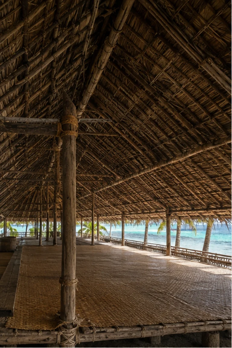 Photorealistic vertical Kiribati maneaba with a vast raised meeting platform, immense low pandanus-thatched roof, palm posts, complex coconut-fibre lashings, socially defined perimeter mat bays, coral ground, and even lagoon daylight entering beneath the eaves.