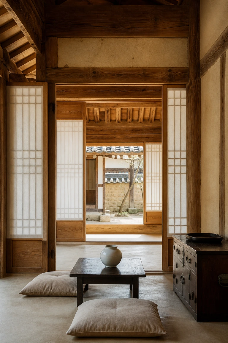Korean hanok interior framed by timber bays and hanji doors, with floor cushions, a low table, and courtyard light.