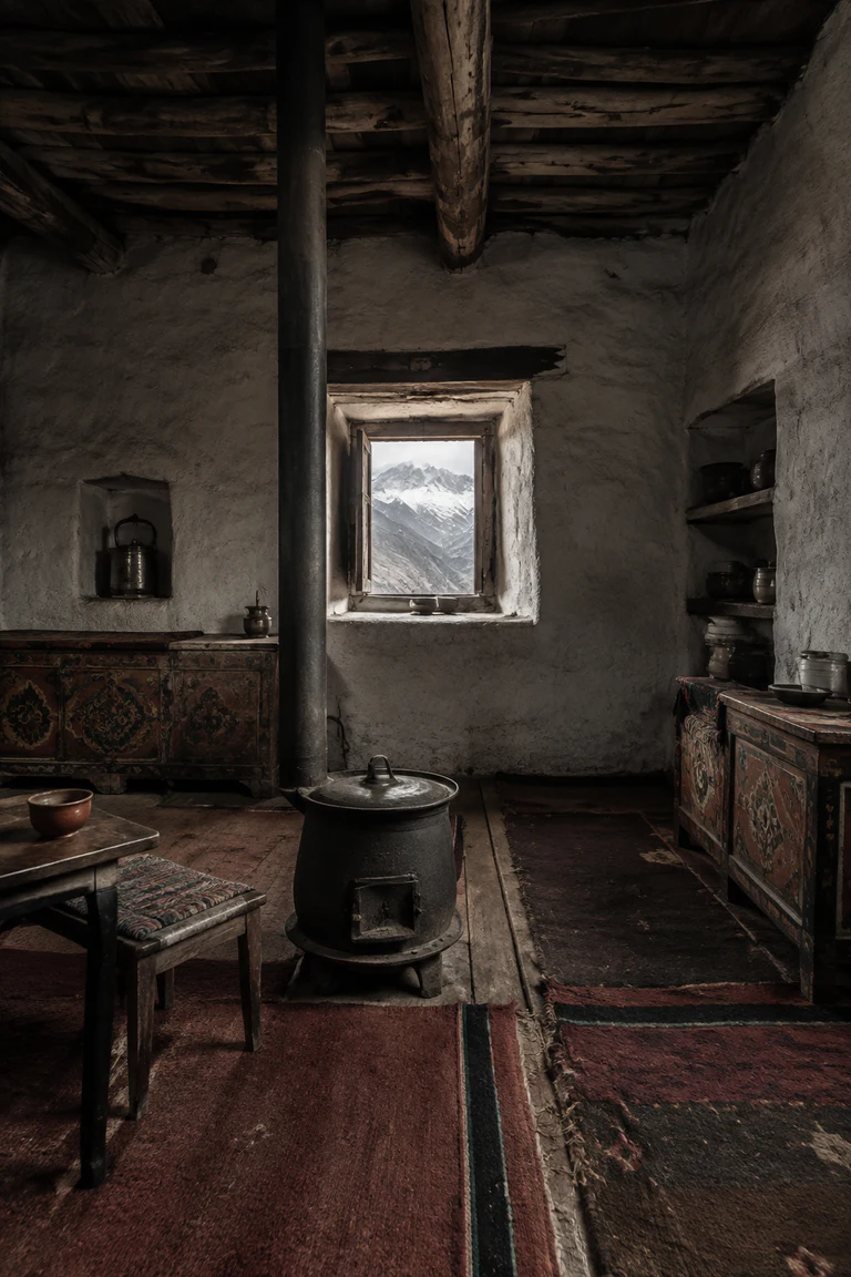 Photorealistic vertical winter room in a Ladakhi khangpa with thick whitewashed mud walls, dark poplar ceiling beams, central iron bukhari stove, low painted chests, wool rugs, recessed shelves, and a tiny window framing a stark high-altitude landscape.