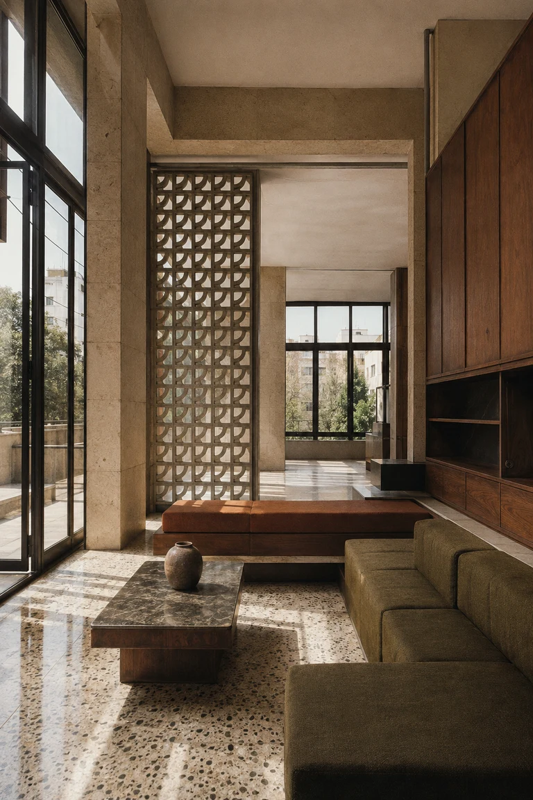Lebanese modernist apartment with limestone structural frame, slender metal windows, geometric breeze-block screen, terrazzo, walnut cabinetry, and low olive and rust seating.