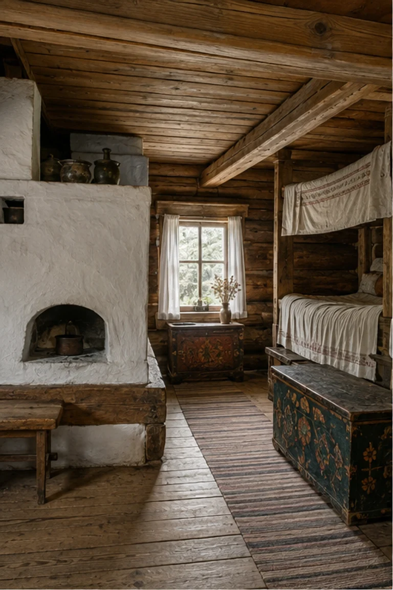 People-free photorealistic vertical Lithuanian troba with amber log walls, broad pale masonry stove, built-in beds and benches, painted chest, trestle table, woven linen, ceramics, dried herbs, and snow-reflected light from a small window.