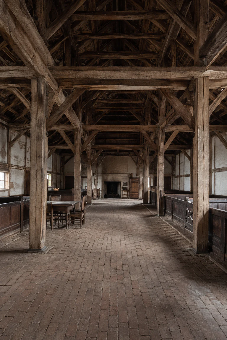 Photorealistic vertical Low German hall house with paired oak posts, a central threshing aisle running from barn doors toward a rear hearth, livestock stalls at the sides, family table, built-in cupboard, and cool diffuse daylight revealing the structural grid.
