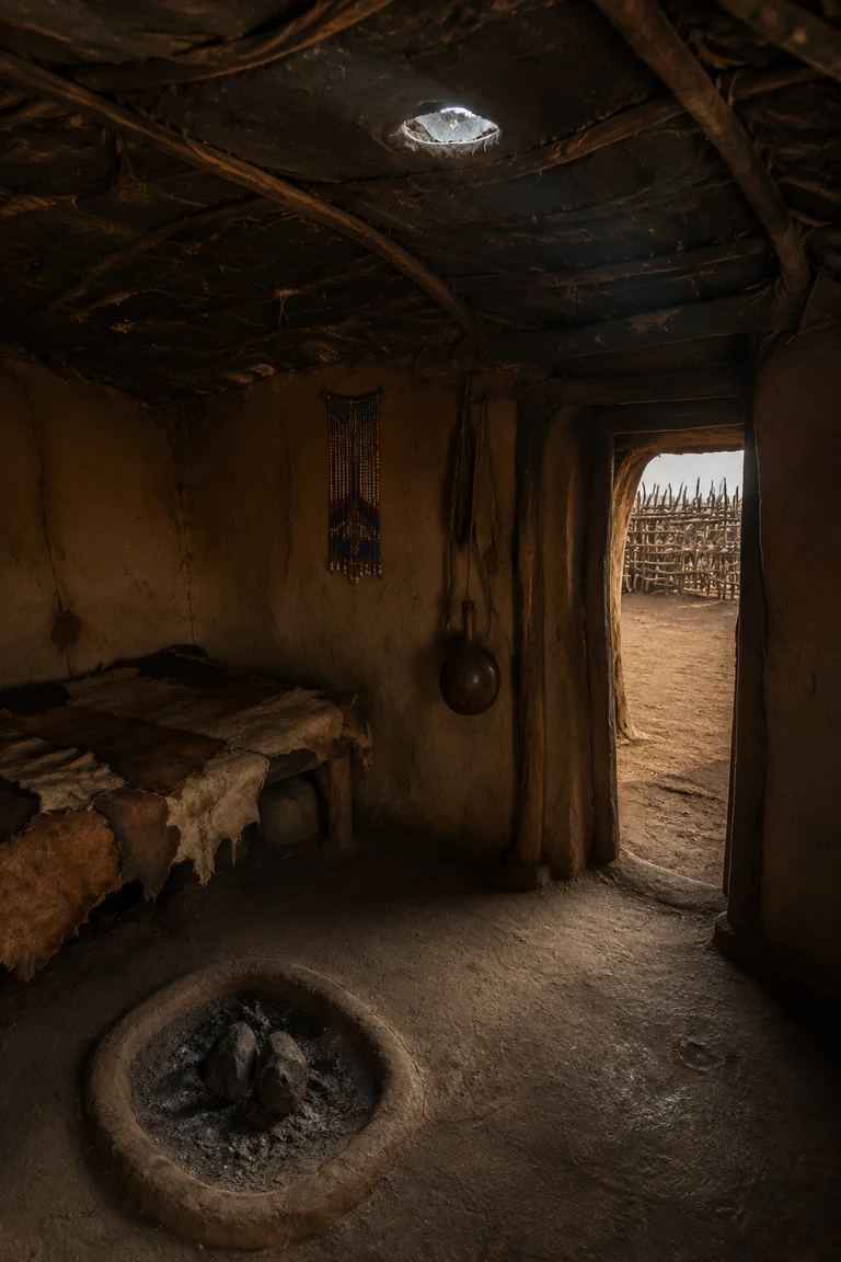 Photorealistic vertical Maasai enkaji with a bent-branch frame coated in dung-and-earth plaster, tiny smoke opening, central hearth, hide sleeping platform, gourds, beadwork accents, very low warm light, and cattle enclosure glimpsed through the narrow entry.