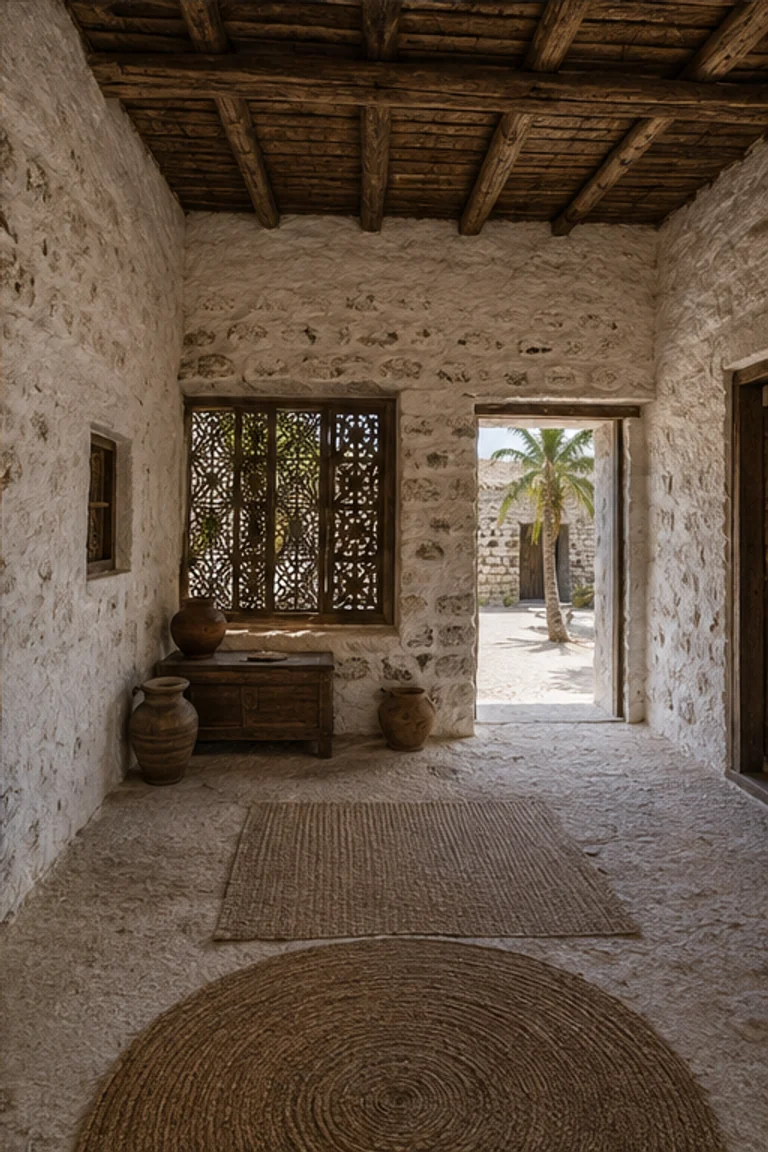 Photorealistic vertical historic Maldivian coral house with thick pale coral-stone and lime walls, coconut-timber ceiling, coir mats, low bed, carved screen, water jars, and a deep shaded opening toward a sandy palm court.