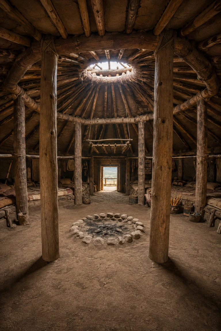 Photorealistic vertical Mandan earth lodge with four massive central cottonwood posts, radiating beams beneath a thick earth roof, central hearth and smoke hole, perimeter sleeping platforms, parfleche containers, corn storage, and cool prairie doorway light.
