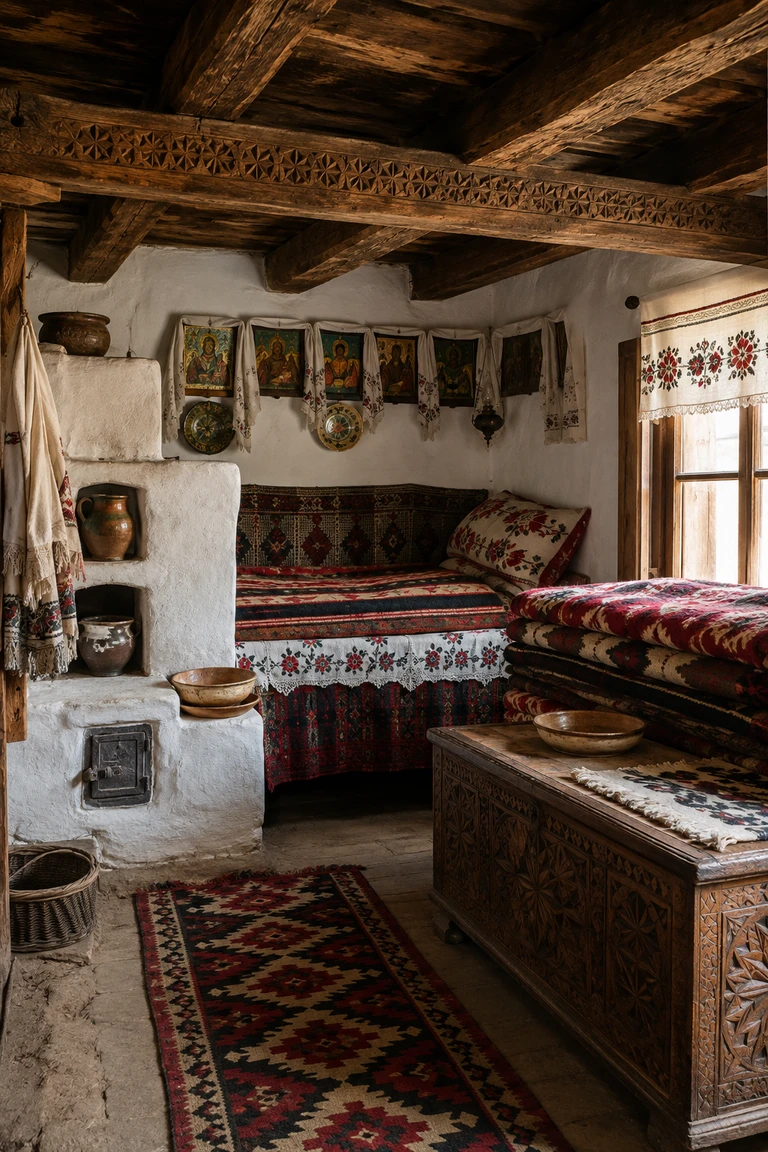Historic Maramureș farmhouse with carved oak beams, whitewashed clay walls, masonry stove, orderly icon corner, red-and-black woven bed textiles, glazed plates, and a deeply carved chest.