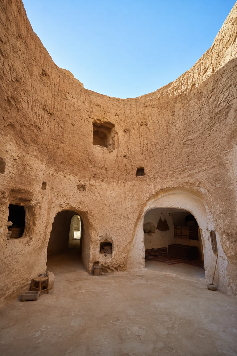 Photorealistic vertical Matmata troglodyte house with a cylindrical earthen pit courtyard, rock-cut room openings, a tunnel entrance, limewashed living cave, wool rugs, timber chest, storage niches, and intense top light fading to cool shade.