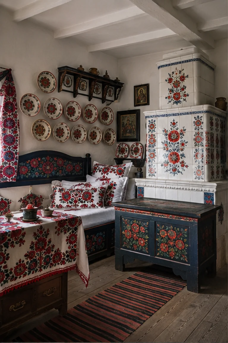 People-free photorealistic vertical Matyó farmhouse room with crisp white plaster, painted bed and storage chests, dense red-blue-green floral embroidery, tiled masonry stove, plate rack, timber table and chairs, and clear Hungarian window light.
