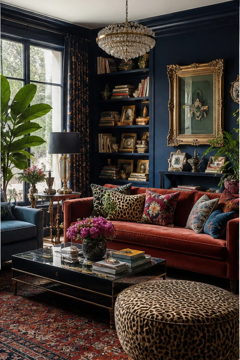 Maximalist sitting room layered with saturated colour, patterned textiles, art, and collected objects.