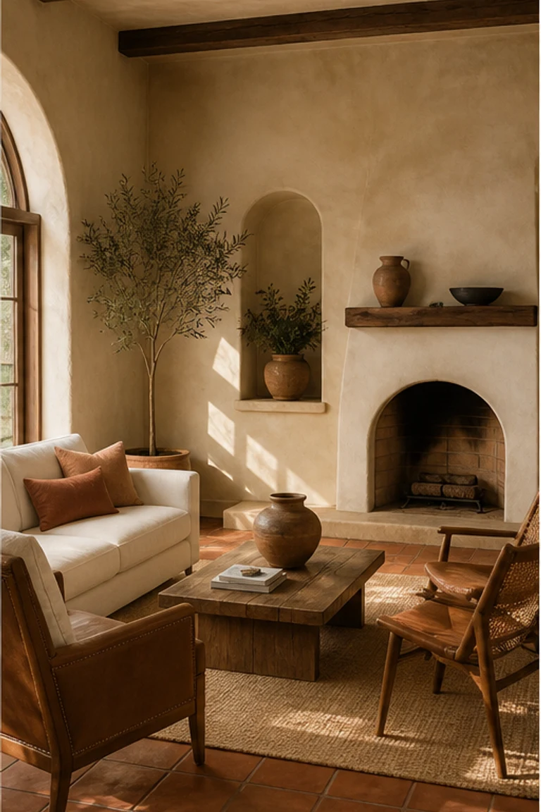 Mediterranean interior with lime plaster walls, terracotta surfaces, arches, and timber beams.