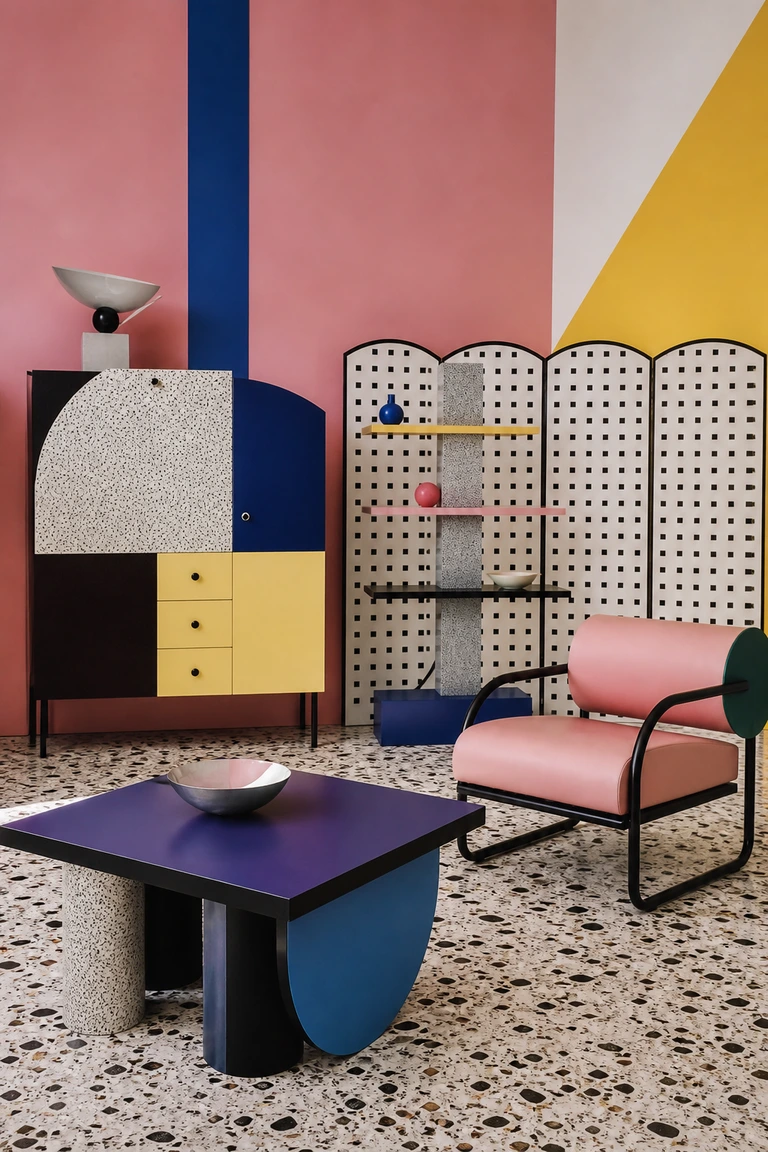 Memphis interior with terrazzo, graphic screens, sculptural furniture, and bold pink, cyan, yellow, and black geometry.