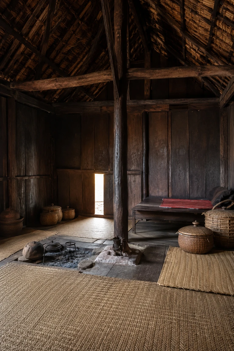 Reconstructed eighteenth-century Merina highland dwelling with a tall dark timber-plank interior, steep thatched roof, prominent central post, precisely placed hearth, raised sleeping platform, rush mats, lidded baskets, and narrow east light.