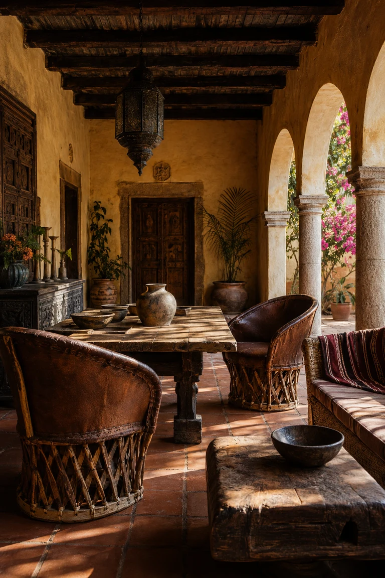 Mexican hacienda courtyard room with ochre limewash, terracotta tiles, carved timber, equipale leather chairs, iron lanterns, and a shaded arcade.