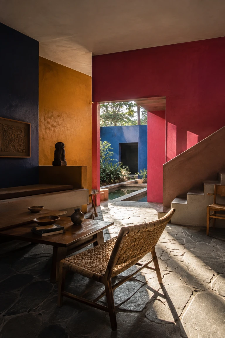 Mexican modernist interior with magenta, ochre and deep blue plaster planes, volcanic stone, low woven furniture, sculptural stair, and a sunlit planted water court.