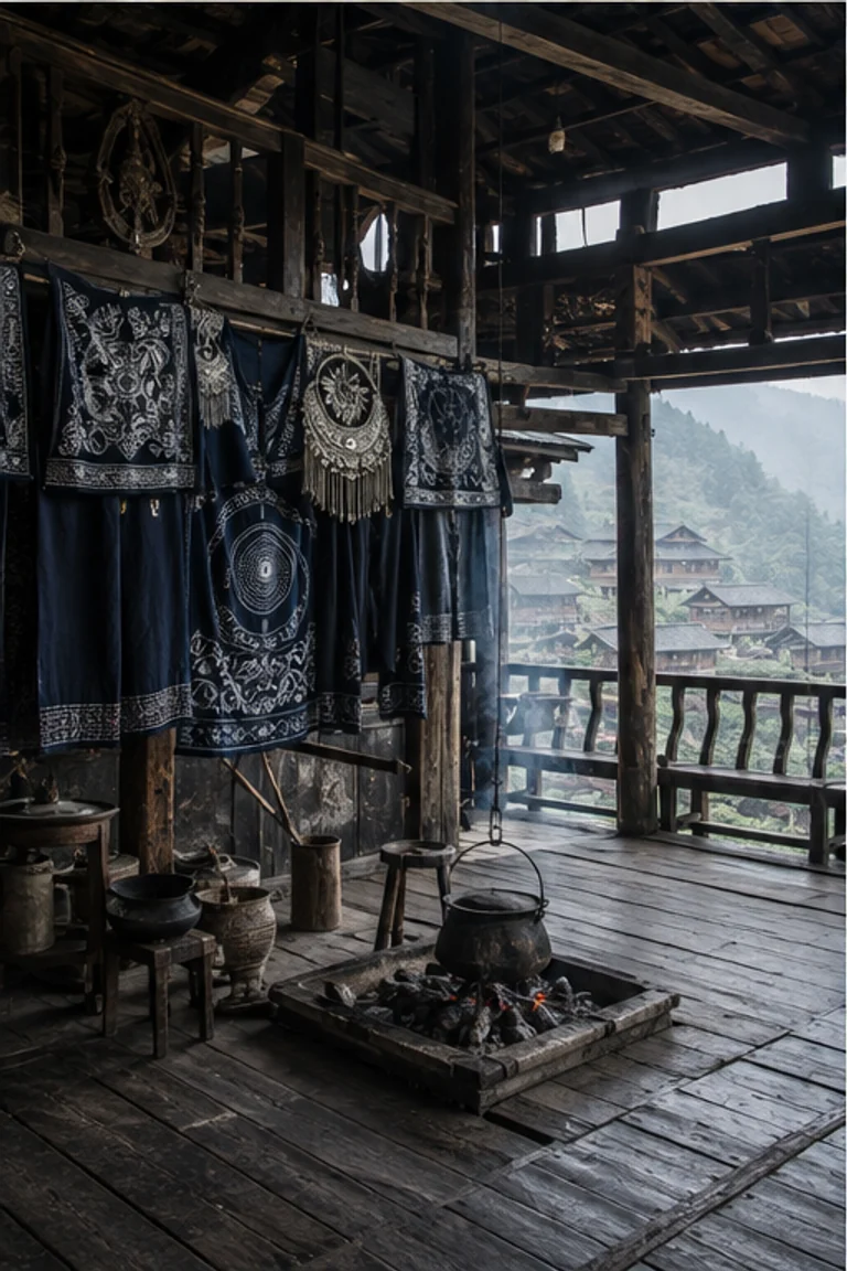 Photorealistic vertical Miao diaojiaolou in Guizhou with a dark fir stilt frame on a steep slope, open timber gallery, central hearth, low furniture, indigo embroidered textiles, silver ornaments, baskets, and misty mountain daylight.