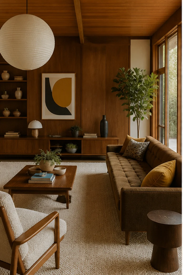 Mid-century modern living room with walnut furniture, tapered legs, and broad garden windows.
