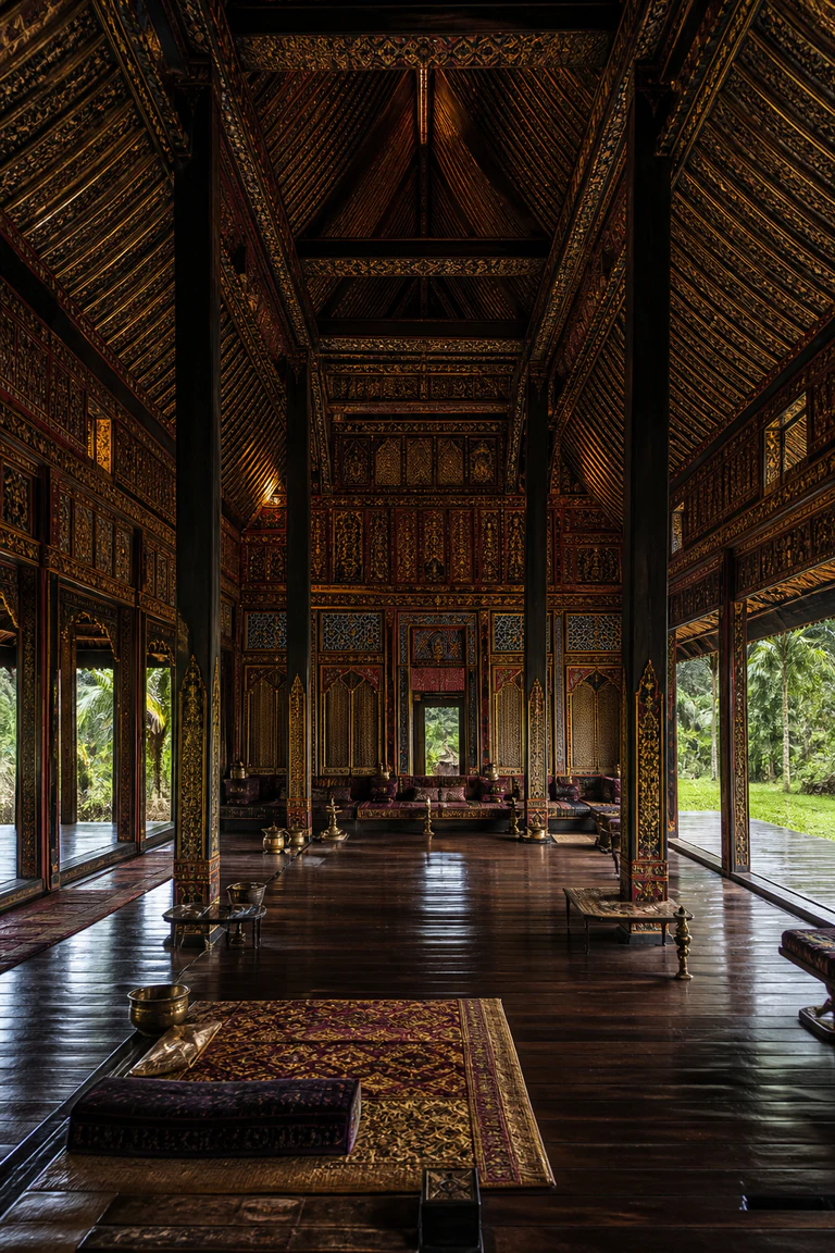 Photorealistic vertical Minangkabau rumah gadang with a long raised hall beneath a soaring gonjong roof, carved red, gold, and black wall panels, rhythmic timber columns, polished boards, woven songket, low ceremonial seating, and wet tropical daylight.