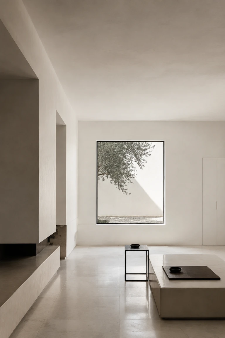 Minimalist living space with white plaster volumes, pale limestone floor, monolithic cream bench, black steel side table, and a precisely framed window.