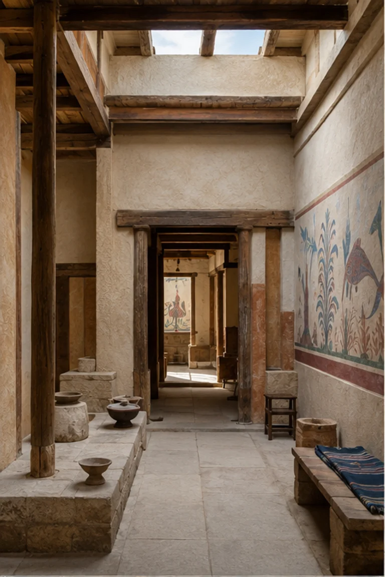 People-free photorealistic vertical reconstructed Minoan townhouse with ashlar base, timber frame, pier-and-door partitions, stair and light well, lime plaster, restrained fresco bands, low stools, chests, storage jars, woven mats, and strong Cretan daylight.
