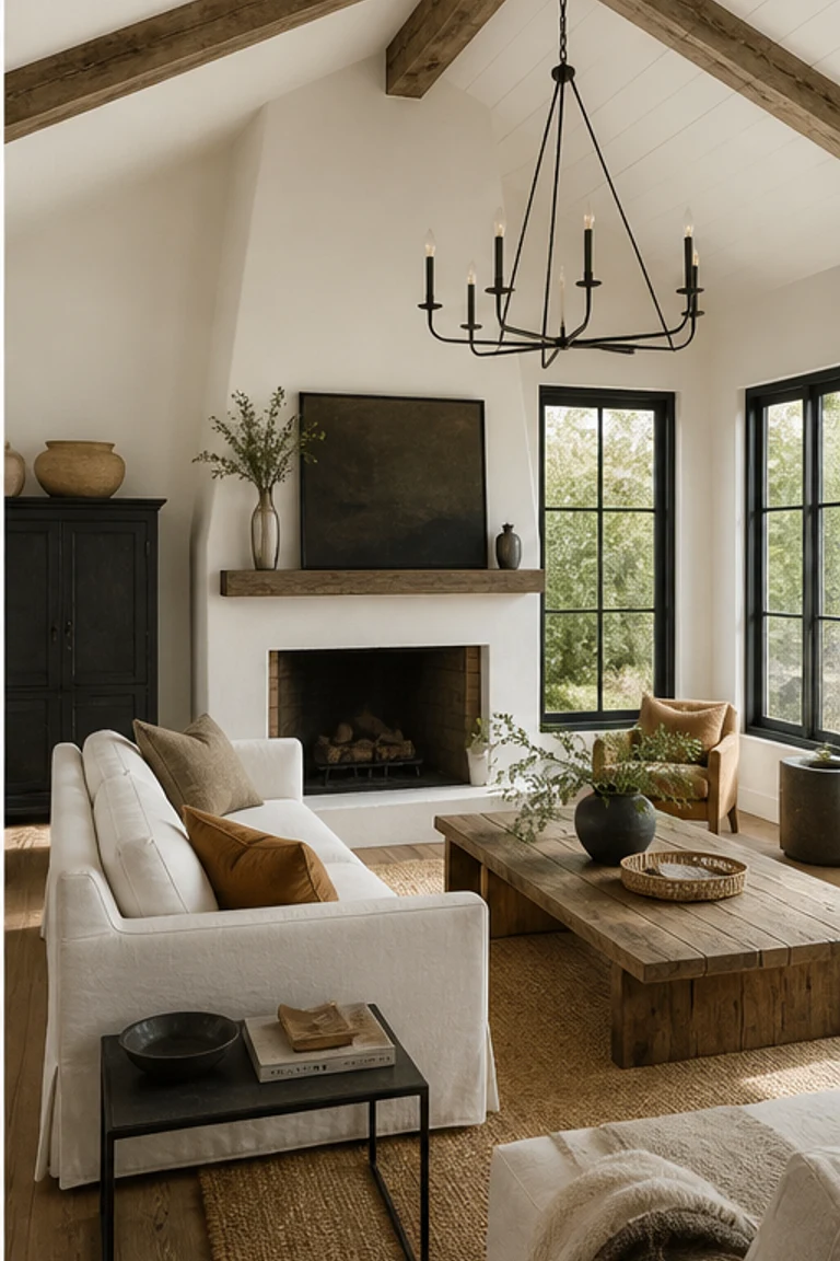 Modern farmhouse room with exposed timber, linen upholstery, stone, and black metal details.
