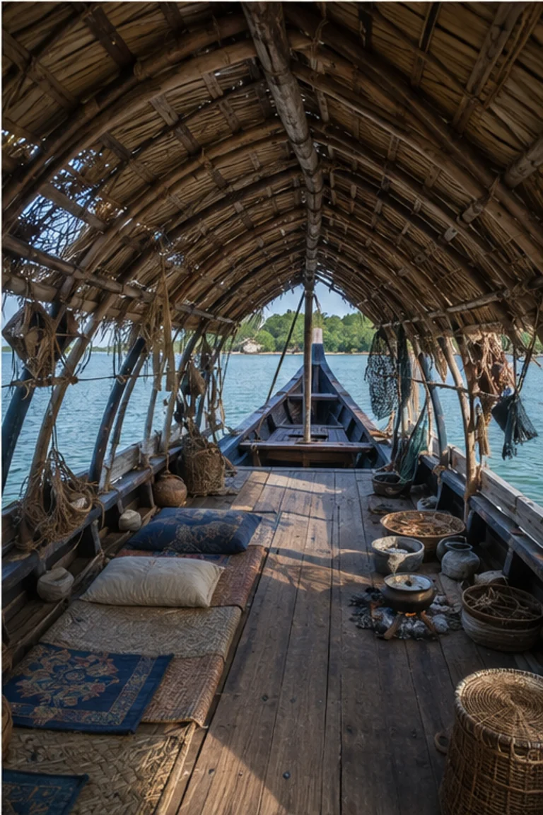 Photorealistic vertical Moken kabang houseboat in the Mergui Archipelago with a narrow timber hull, open palm-leaf family canopy, sleeping mats, baskets, compact hearth, fishing gear, water vessels, and blue sea light reflected upward through the open sides.