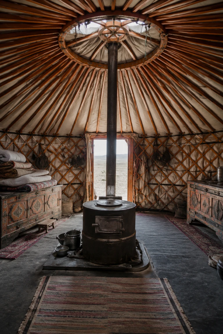 Rural Mongolian ger with pale felt over orange-toned lattice, radiating roof poles, a central iron stove and flue, painted storage chests, low bedding, wool rugs, and steppe daylight through the south door.